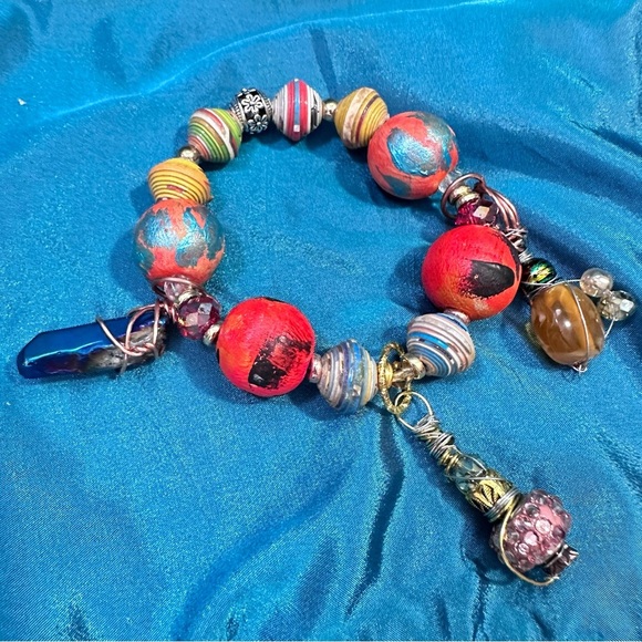 Handmade Charm Bracelet with Hand-Painted Beads & Wire-Wrapped Accents 6-7 3130 - Picture 1 of 13